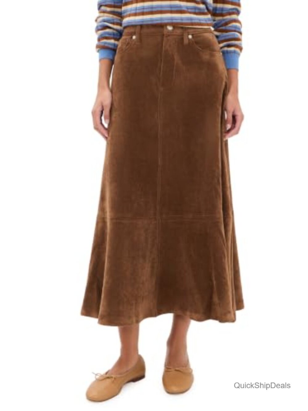 Faux Suede Midi Skirt 5-Pocket Work Wear to Work